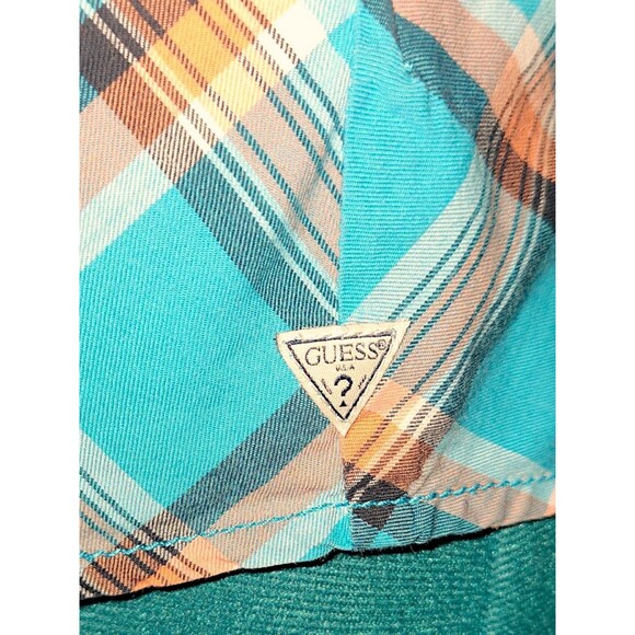 Guess shirt women's button-up Plaid Green, orange short-sleeved top Form-fitting - Picture 5 of 7